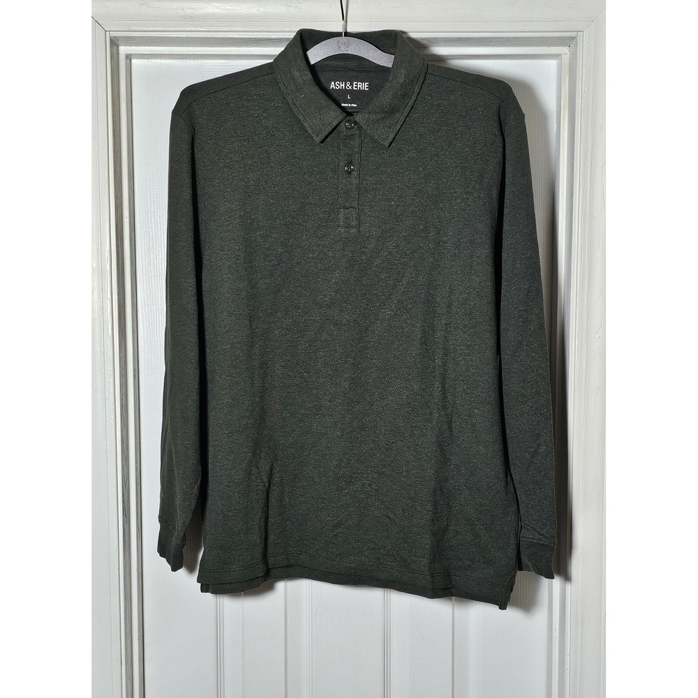 Ash & Erie Polo L/S Shirt Mens Large Green‎ Pique Knit Pima Cotton Stretch